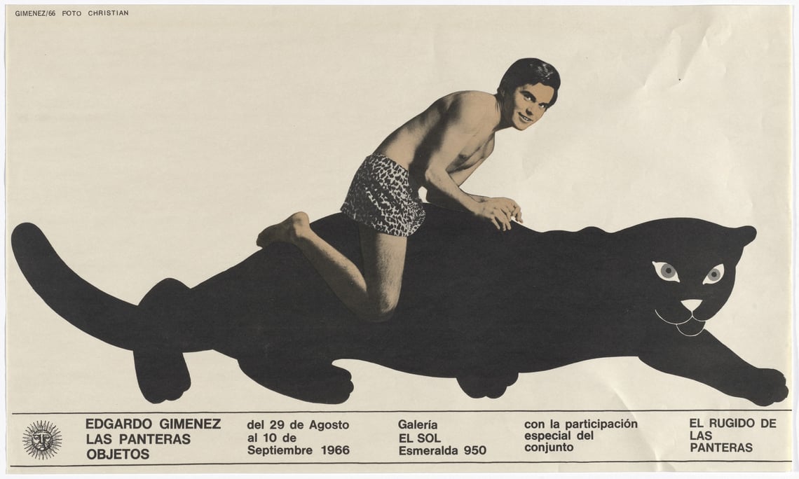 A muscular man in shorts rides a crouched black jaguar on a white background