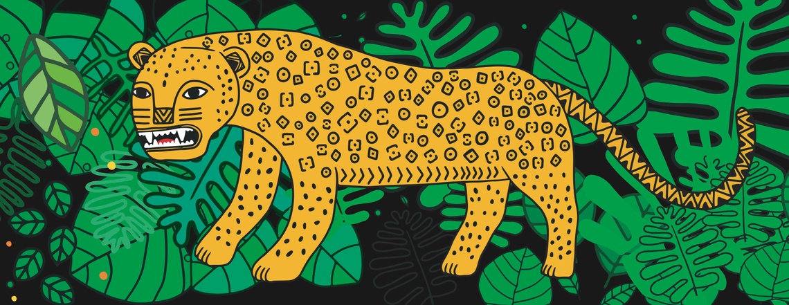 Jaguar on green forest background