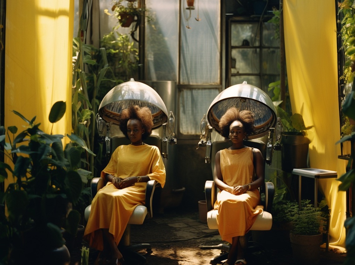 AI generated image of two female figures with dark skin and curly afro hairstyles sitting underneath salon dryer chairs