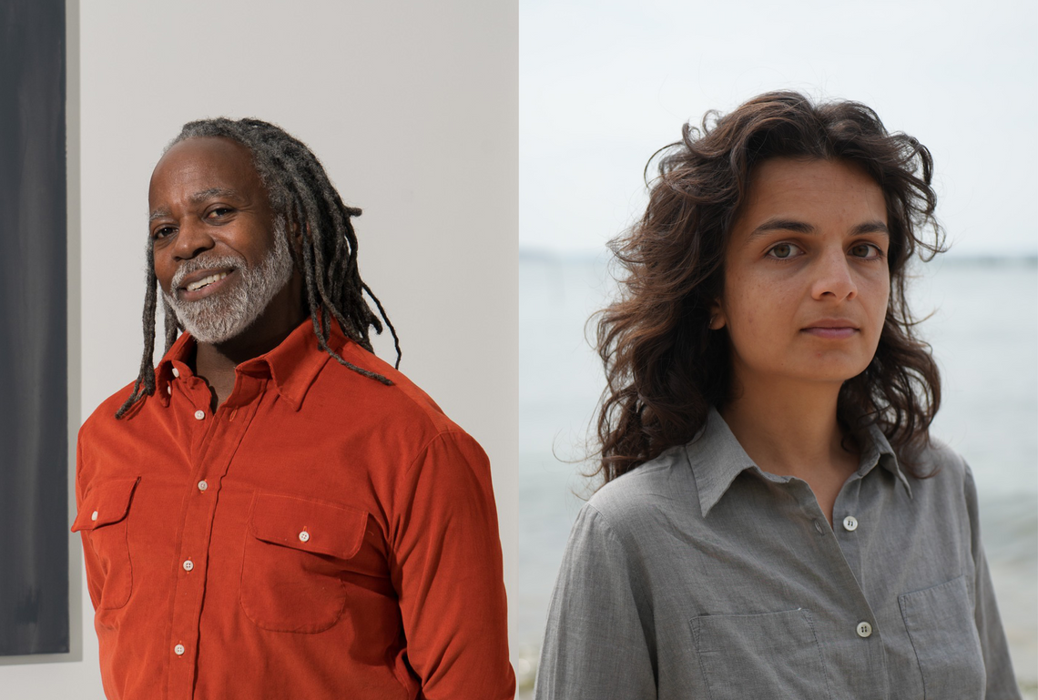 A split image of Arnold J. Kemp, a man with grey and black locs in an orange button down shirt smiling in a gallery space and Mira Dayal, a curly-haired woman in a grey button down in front of a body of water