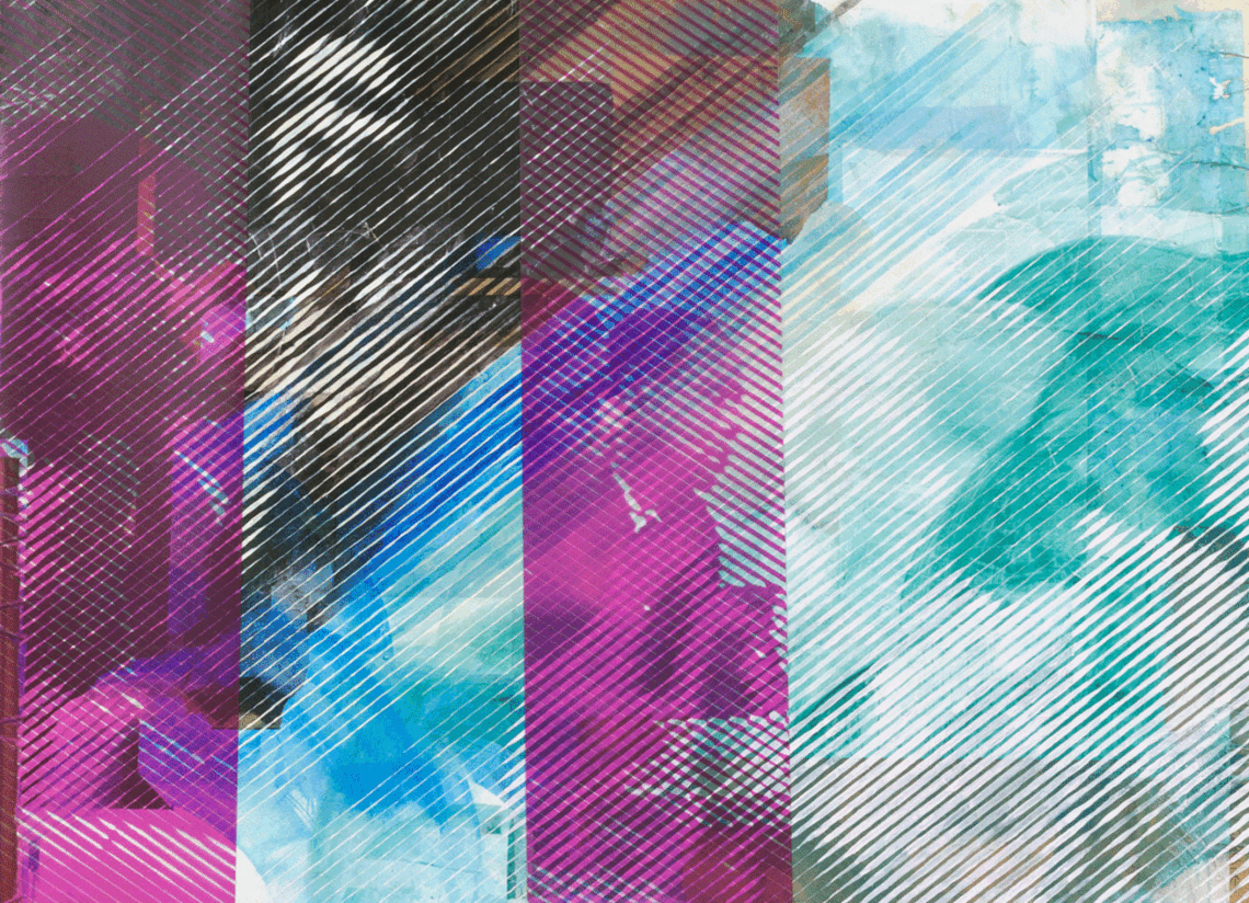 A .gif of an image of multicolored art books interchanging with a cool-toned screenprinted photographic collage