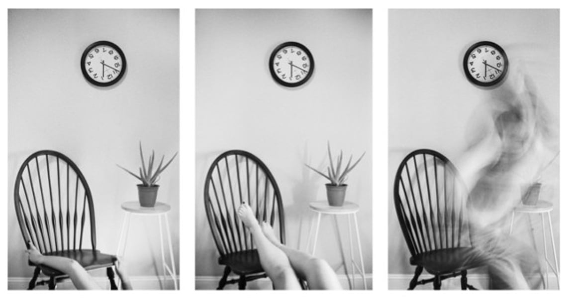 Three black and white photographs of a blurred figure on a chair 