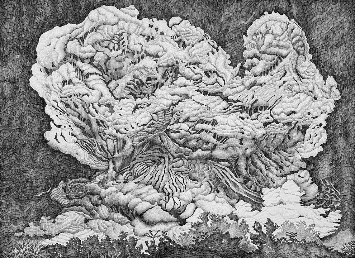 Thin-stroked charcoal drawing of a swirling cloud over a volcano