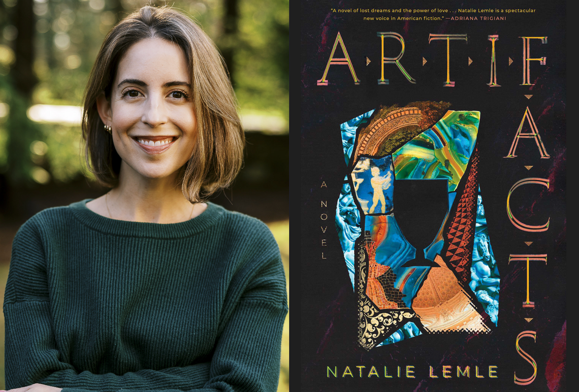 Split image of a smiling woman with short brown hair wearing a teal sweater and a book titled "Artifacts" by Natalie Lemle with a colorful mosaic graphic on the cover