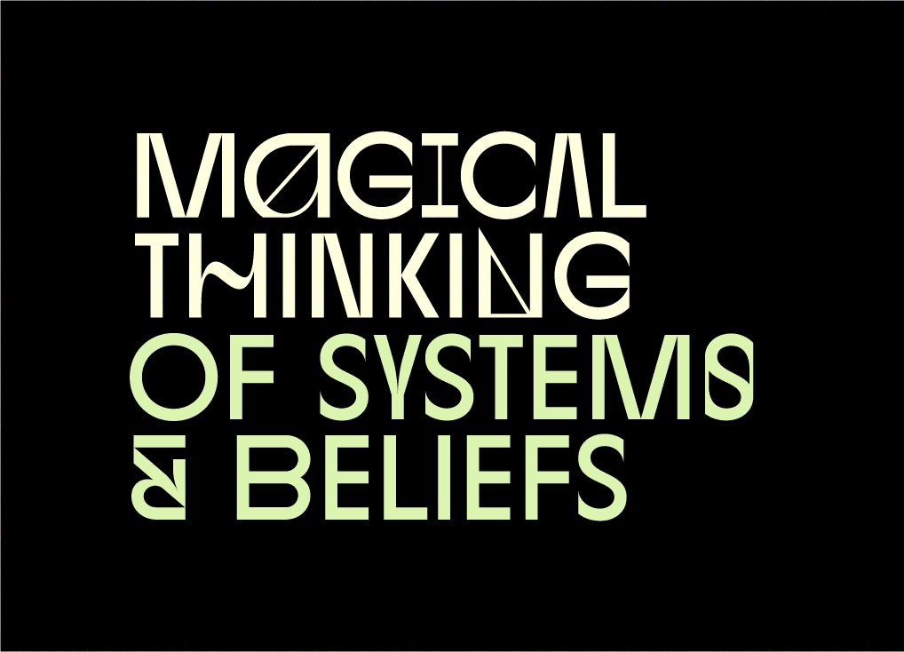 A .GIF alternating between a green and white wordmark reading "Magical Thinking Of Systems and Beliefs" and a gauzy blue and white image with a hazy silhouette of a central figure