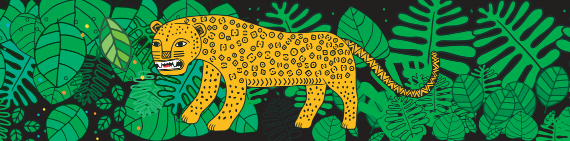 yellow illustrated jaguar set against green leaves