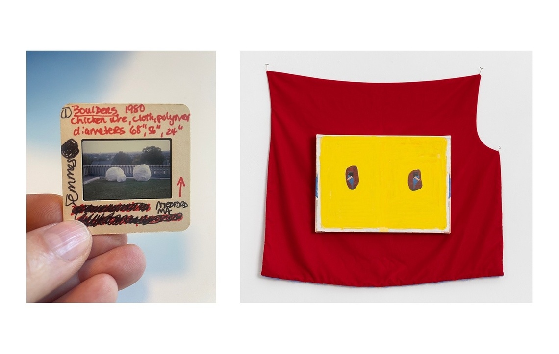 Diptych of slide image of boulder with small handwritten text on edges and red fabric flag with a yellow interior