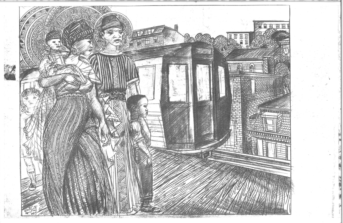 A sketched charcoal drawing of a man and a woman with geometric halos cradling a baby large in the foreground, looking over a city scene with a train crossing an elevated rail track
